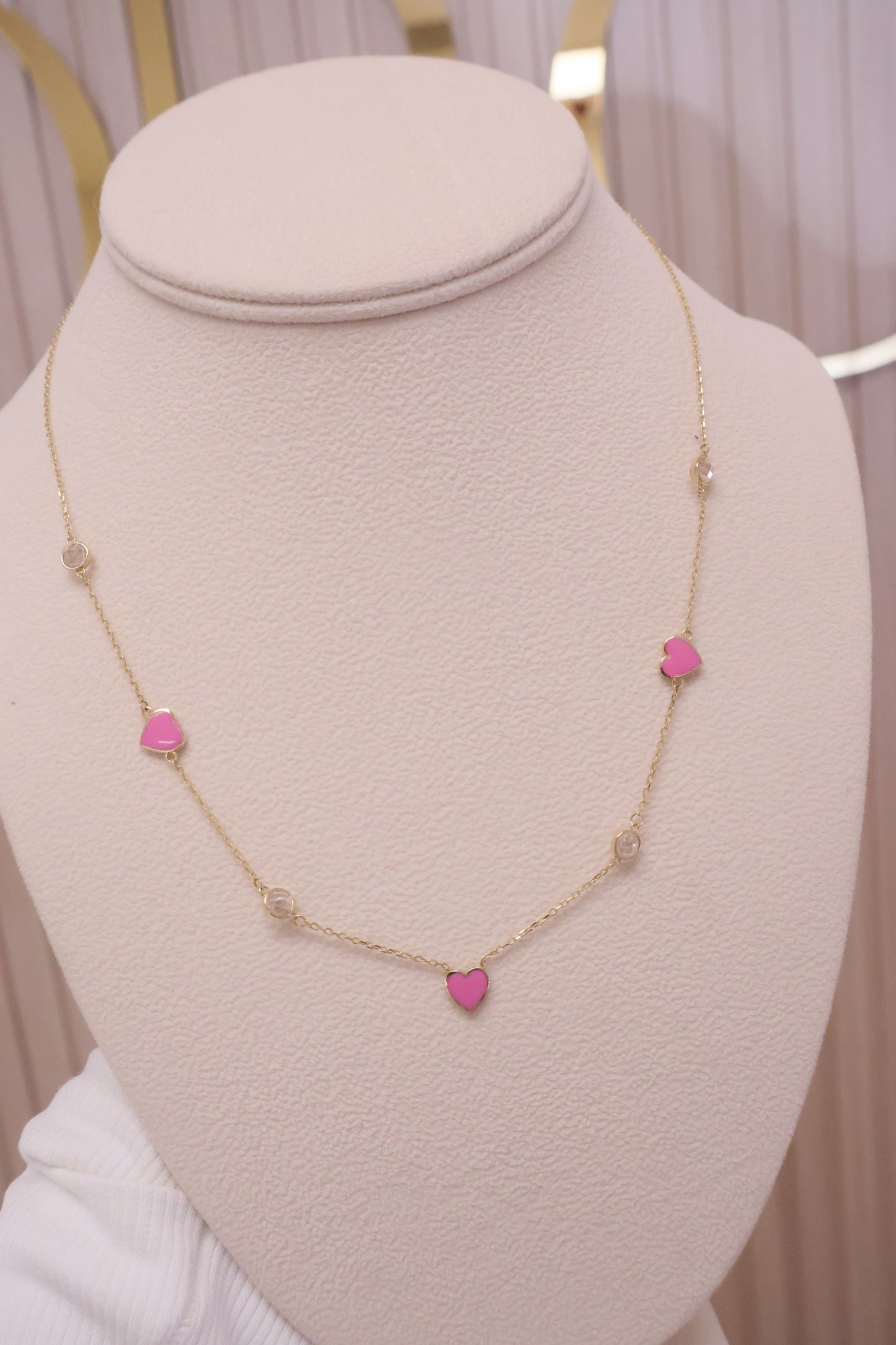 Cadena mujer 14k corazones rosados