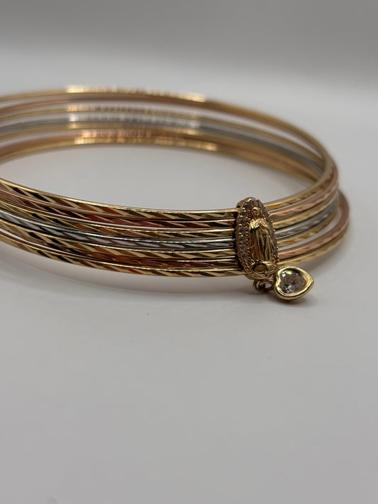 14K Three-Tone Gold Rosary Bracelet – Elegant Tri-Color Design with CZ Charm