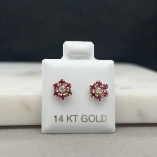 14K Gold Red Stone Flower Earrings