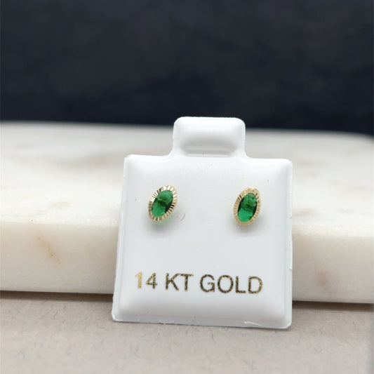 14K Gold Green Oval Stud Earrings