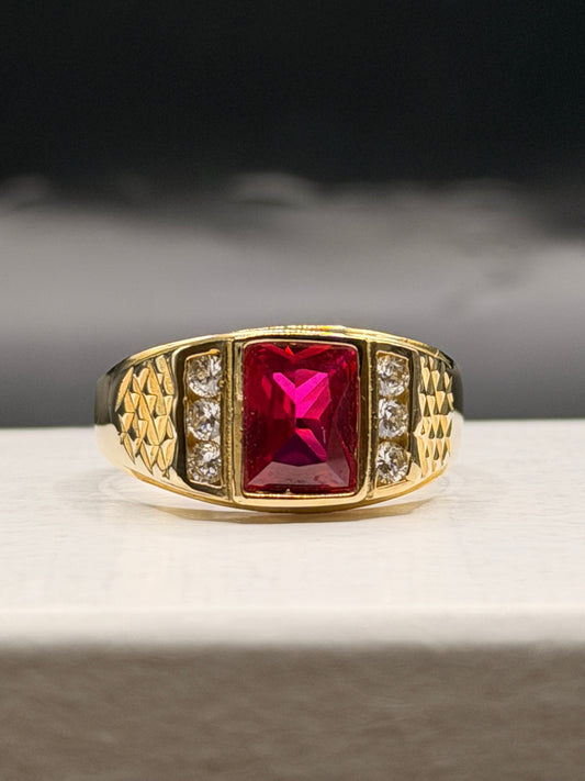 Men’s 10k yellow gold red stone ring with CZ accents