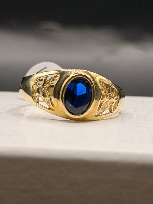 Men’s 10k gold oval blue stone ring with eagle design