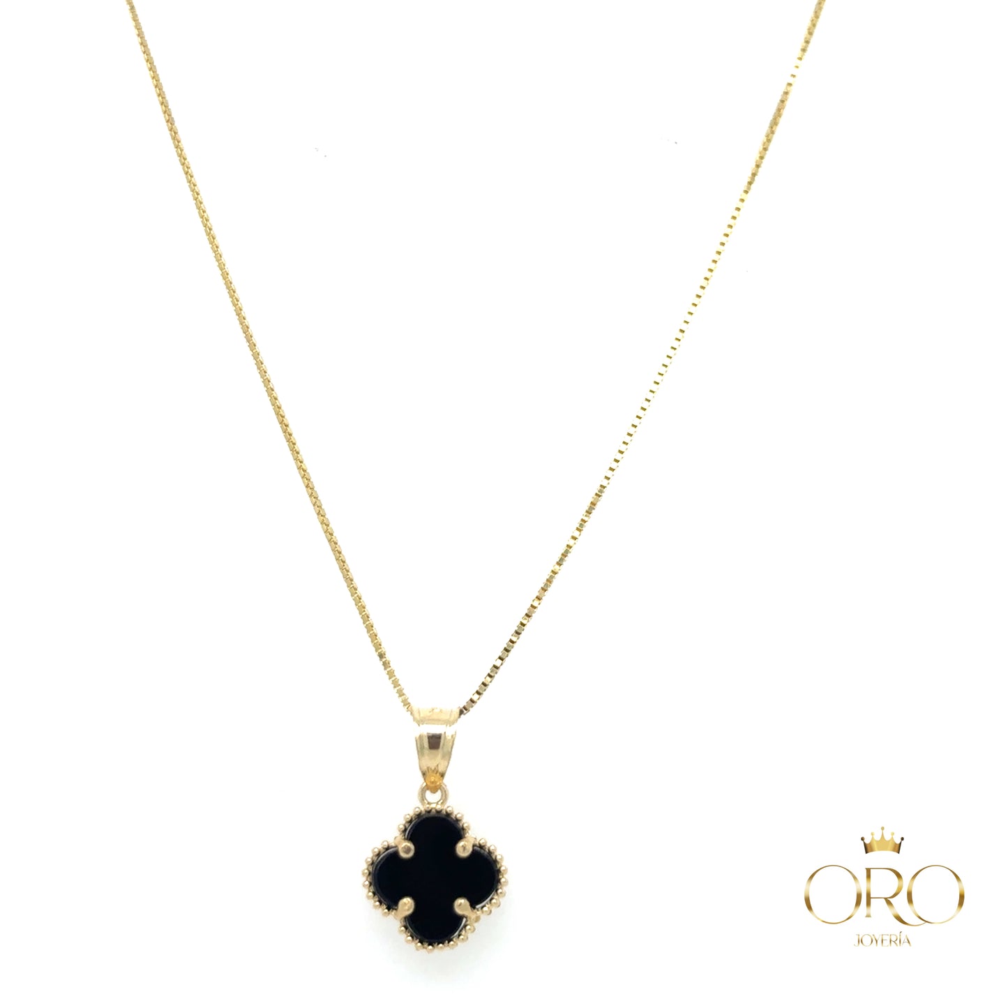 Mini black clover pendant with box chain 14k
